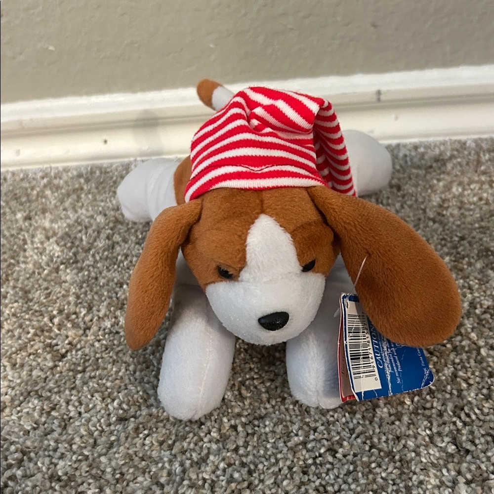 Fiesta Brown and White Stuffed Dog with Red Striped Hat